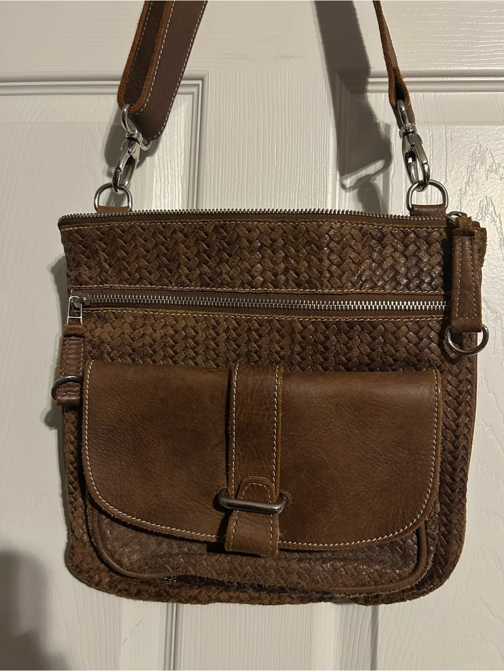 Roots Brown Woven Leather Crossbody Bag